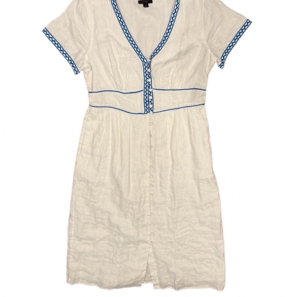 J.Crew White 100% Linen Embroidered Midi Dress Blue Ric Rac Button Front Size 12 - Picture 3 of 11